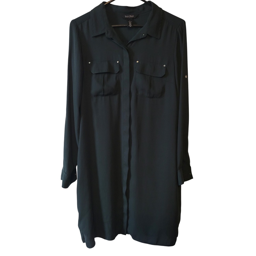 White House Black Market Womens 8 Shirt Dress Green Roll Tab Utility Gold Studs